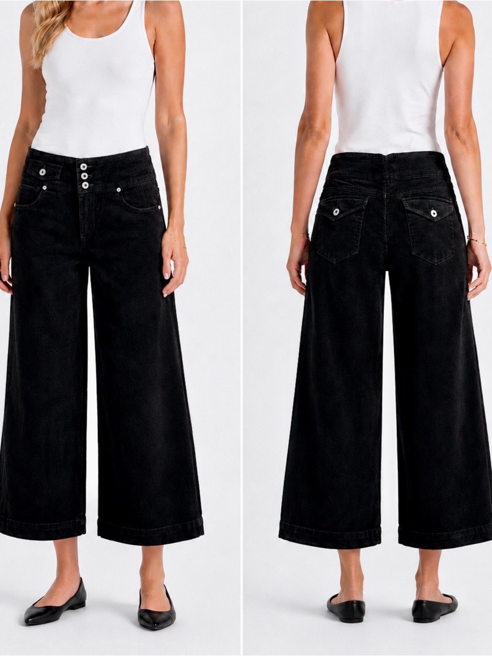 BANDOLINO BLU Cropped Ankle Black Corduroy Wide-Leg High-Rise Pants — LHP